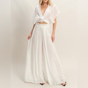 Collared Wrap Top & Wide-leg Pants Set